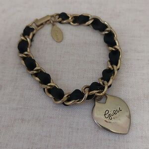 Vintage Gold Tone Chain Black Ribbon Bracelet with Silver Tone Heart Charm